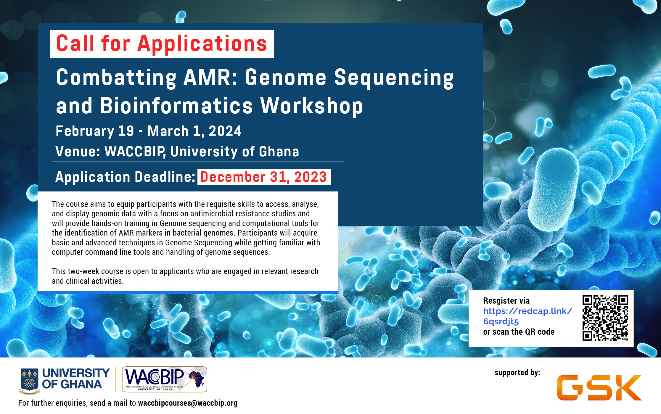 Call for Applications: Combatting Antimicrobial Resistance (AMR): Genome sequencing and Bioinformatics Workshop