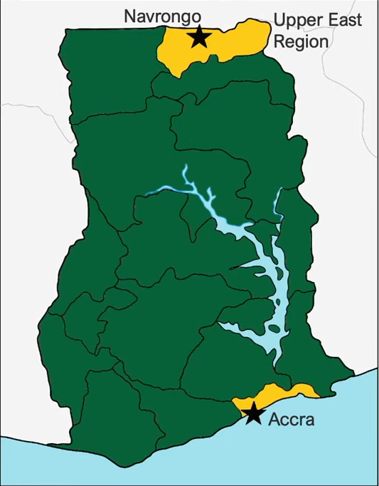 map of ghana highlighting study sites (Navrongo & Accra)